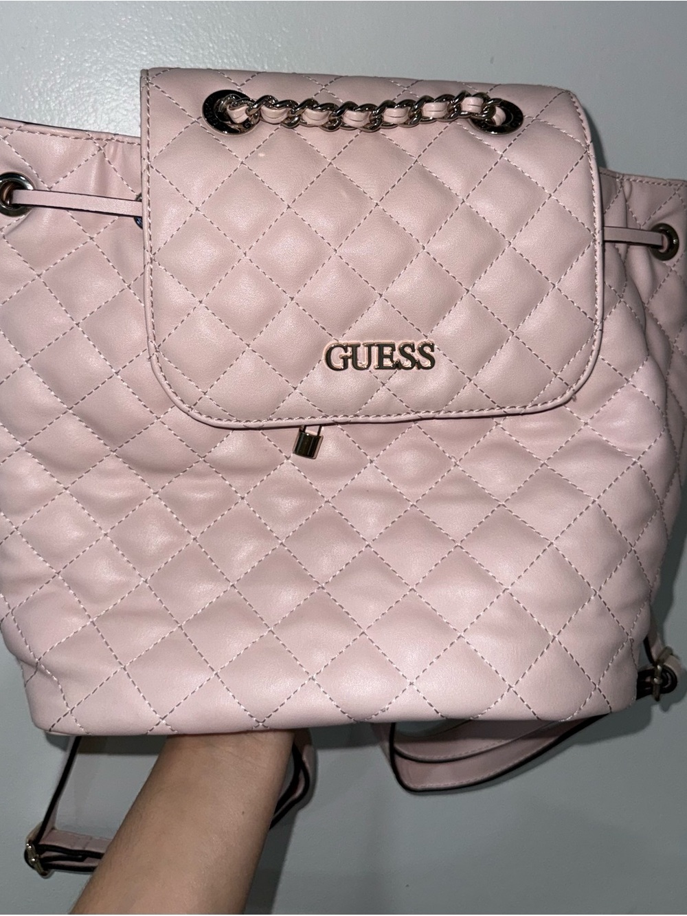 GUESS Quilted Light Pink Drawstring Backpack with Gold Hardware